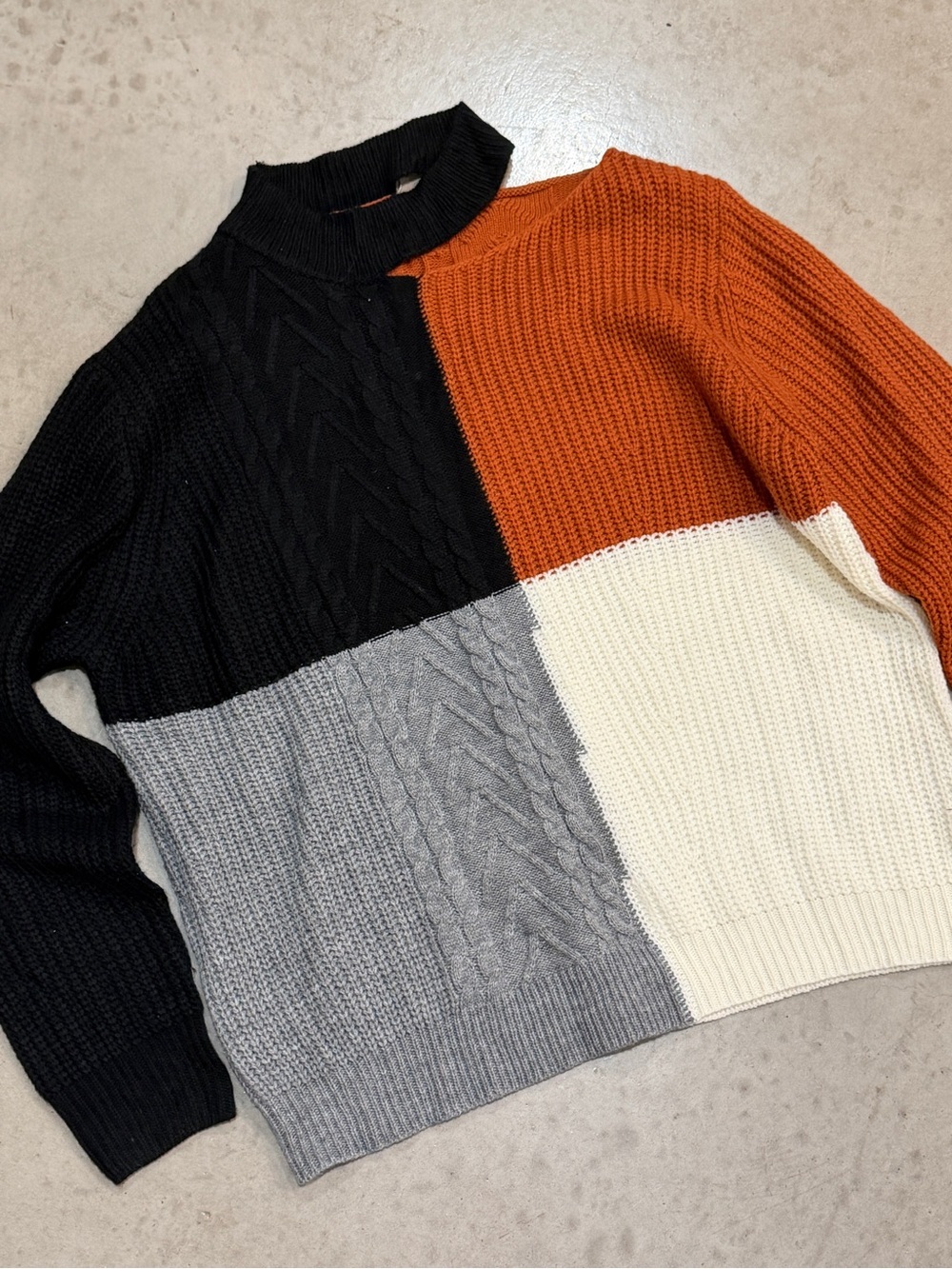Main Strip Colorblock Turtleneck Sweater in Black, Orange, Gray & Cream